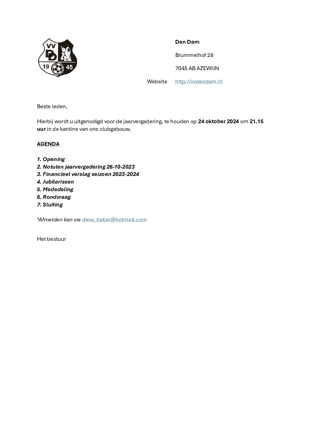 Jaarvergadering vv Den Dam 24-10-2024
